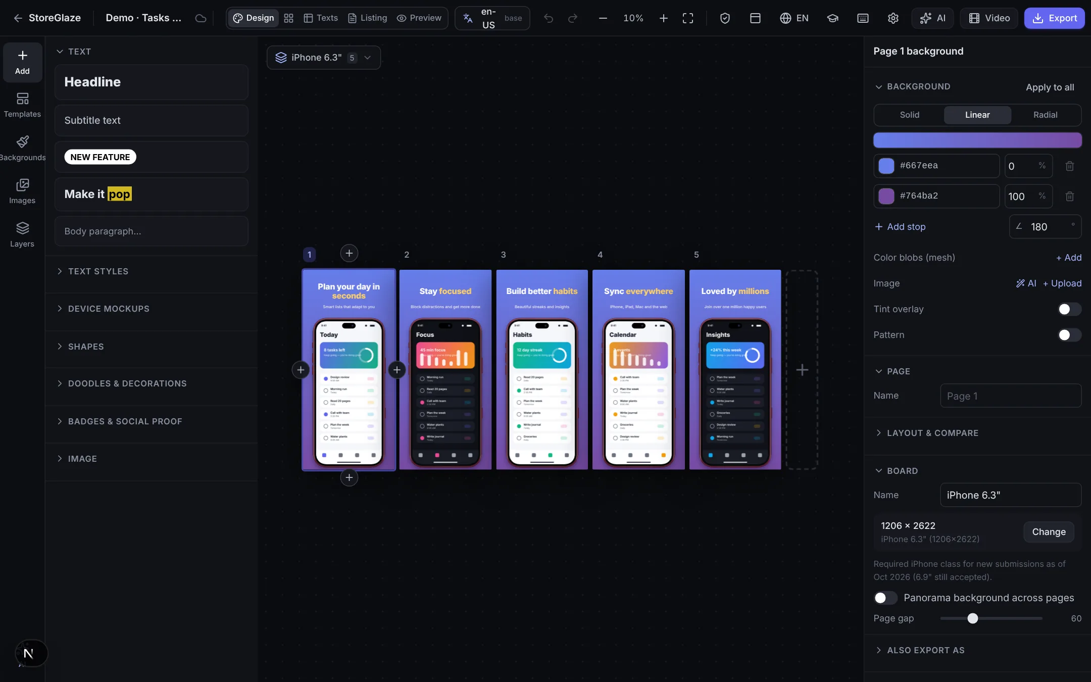 StoreGlaze editor with five App Store screenshot pages side by side